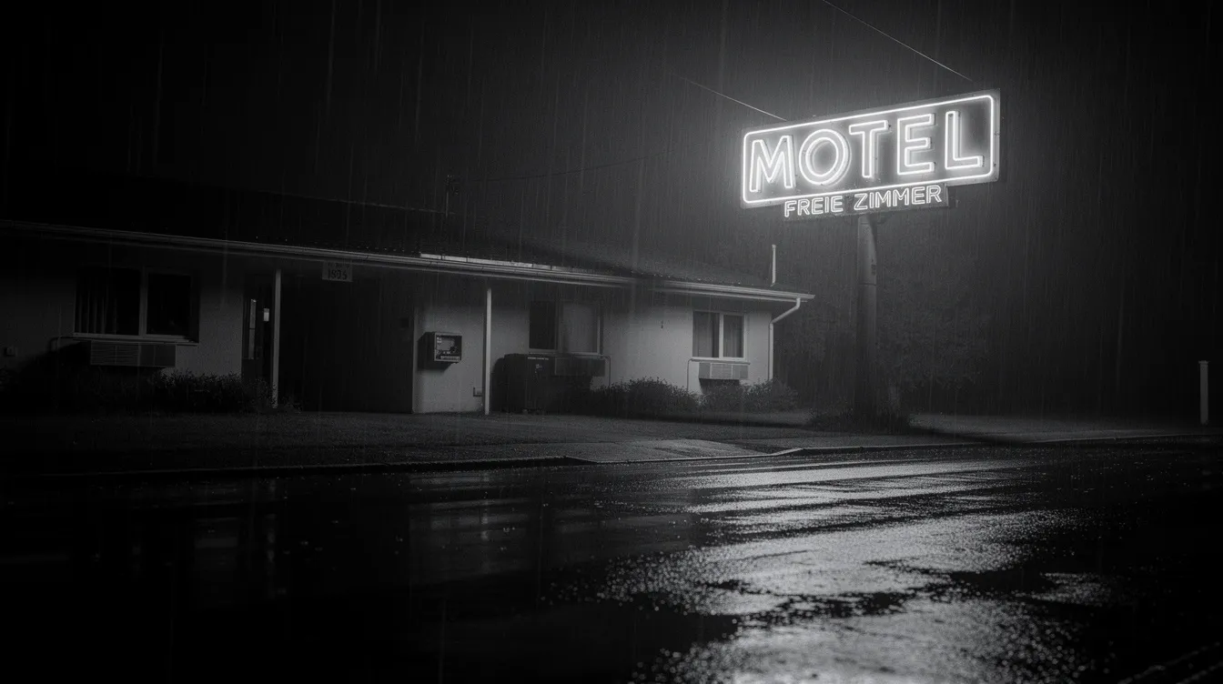 Das Bild zeigt ein Neonschild eines Motels in Schwarzweiß, das in der Nacht leuchtet, während Regen auf der Straße fällt und dramatische Lichtkegel erzeugt. Diese Szene erinnert an die spannungsgeladene Atmosphäre klassischer Hitchcock-Filme, in denen Motels oft eine zentrale Rolle spielen.