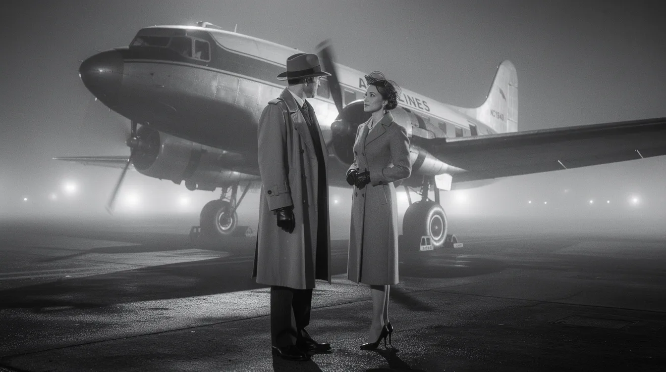 Die Schwarzweißszene zeigt zwei elegante Personen, die vor einem Flugzeug in einer nebligen Nacht stehen, und strahlt die Ästhetik der 1940er Jahre aus. Die Atmosphäre erinnert an klassische Filme und vermittelt ein Gefühl von Geheimnis und Eleganz, das in der Filmgeschichte oft thematisiert wird.