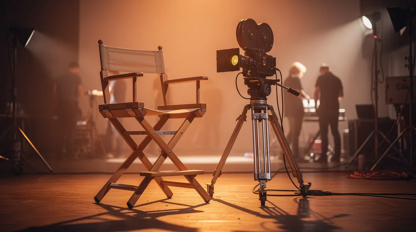 Auf dem Bild ist ein Regiestuhl und eine Filmkamera auf einem Filmset zu sehen, umgeben von warmem Studiolicht. Im Hintergrund sind die Silhouetten der Crewmitglieder zu erkennen, die an den Dreharbeiten für einen Film über das Leben in der Mafia, wie "Goodfellas – Drei Jahrzehnte in der Mafia", arbeiten.