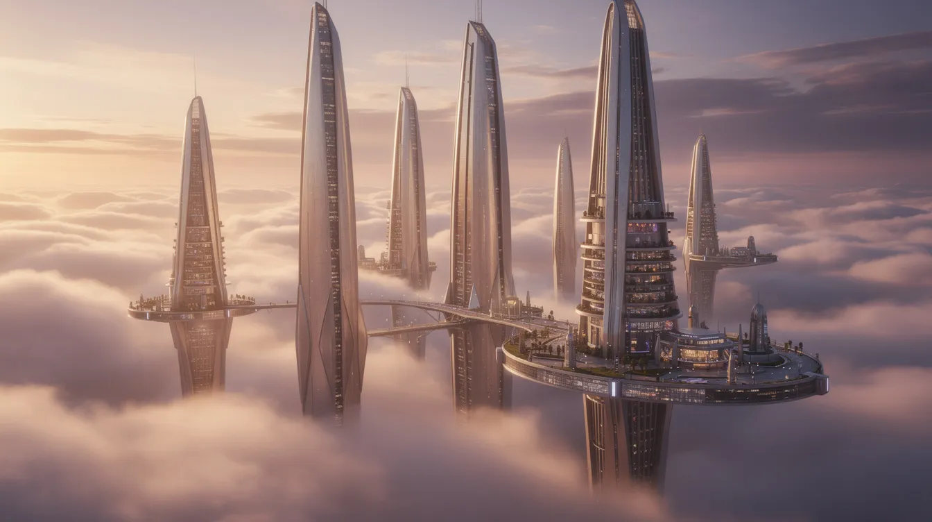 Die futuristische Stadt in den Wolken präsentiert sich mit eleganten Türmen, die im warmen Licht des Sonnenuntergangs erstrahlen. Diese Szenerie erinnert an die beeindruckenden Welten aus "Star Wars Episode V: Das Imperium schlägt zurück", in der die Architektur und Atmosphäre eine faszinierende Verbindung zur Science-Fiction schafft.