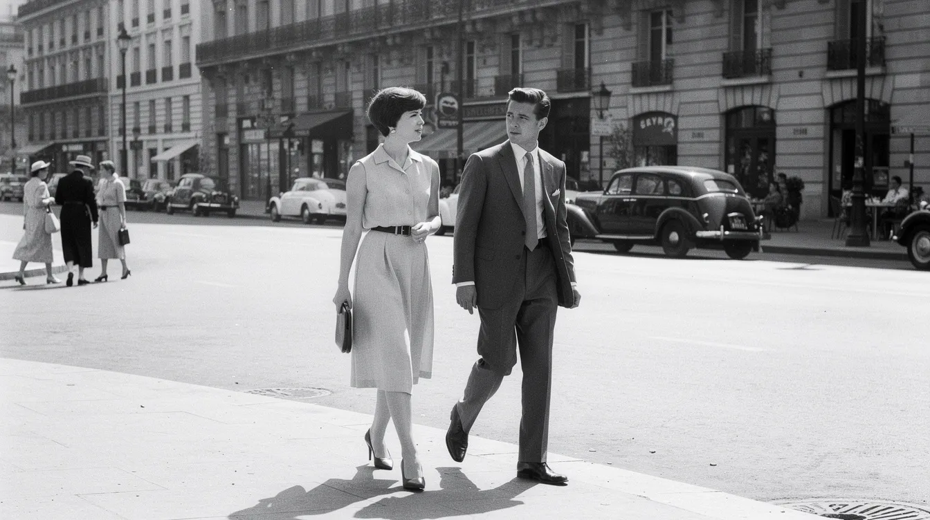 Ein junger Mann im Anzug und eine junge Frau mit Kurzhaarschnitt spazieren nebeneinander auf einem breiten Boulevard in Paris, umgeben von Sonnenlicht. Die Schwarzweißfotografie erinnert an die Ästhetik der 1960er Jahre und fängt die Atmosphäre der Nouvelle Vague ein, ähnlich den Szenen in „À bout de souffle“.