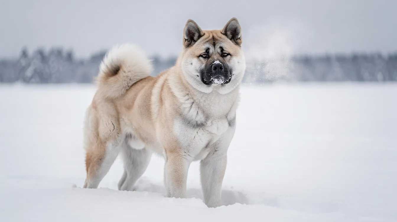 Ein kräftiger Akita Inu mit dichtem, hellem Fell steht stolz in einer verschneiten Landschaft, seine gespitzten Ohren und die gerollte Rute zeugen von Wachsamkeit. Diese majestätische Hunderasse erinnert an die herzergreifende Geschichte von "Hachiko – Eine wunderbare Freundschaft".