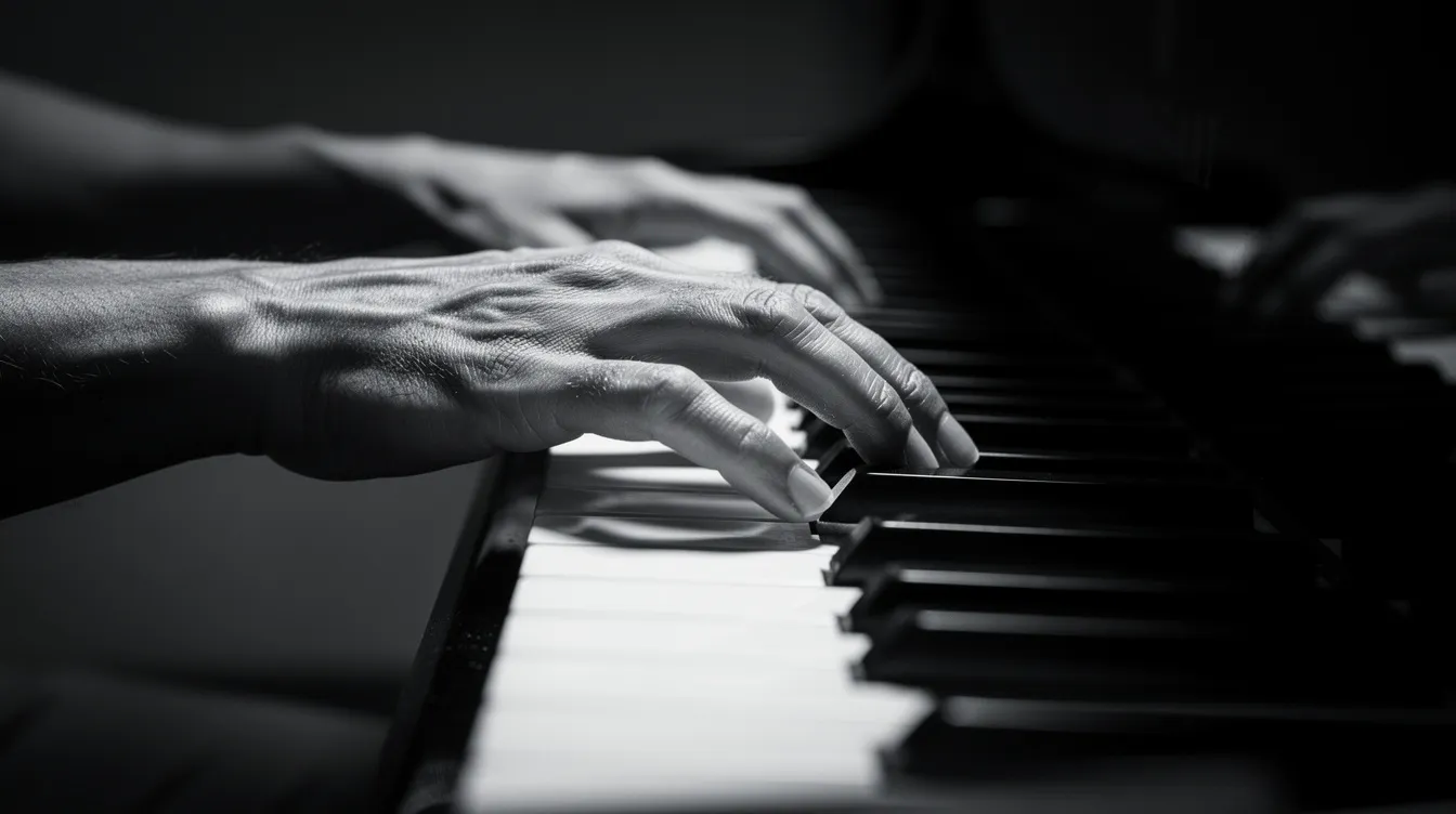 Die Nahaufnahme zeigt Hände, die über die schwarzen und weißen Klaviertasten gleiten, beleuchtet von dramatischem Seitenlicht. Diese Szene könnte an den Pianisten Władysław Szpilman erinnern, dessen Musik im Kontext des Krieges und Überlebens eine zentrale Rolle spielt.