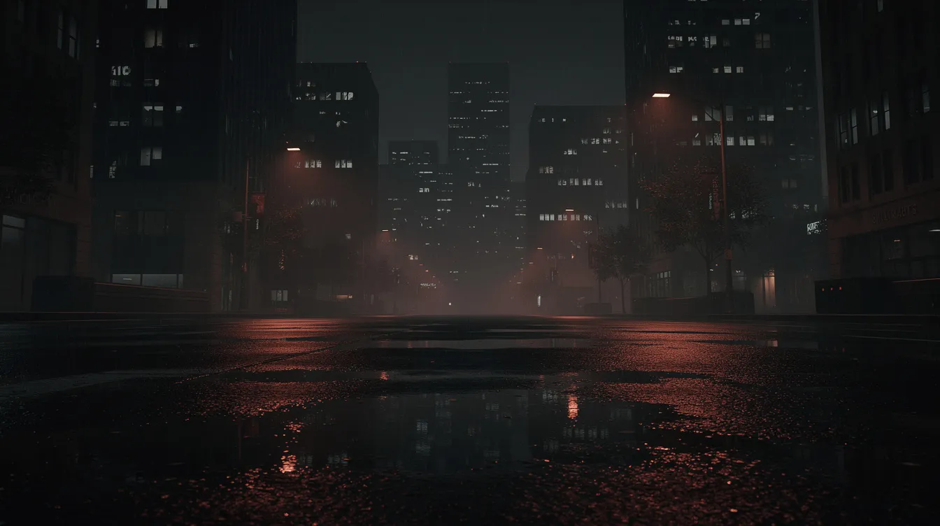 Die düstere städtische Silhouette bei Nacht zeigt eine Atmosphäre von Unterdrückung und Widerstand, während rote und orangefarbene Lichtreflexionen auf dem nassen Asphalt das Bild lebendig machen. Diese Szene erinnert an die grafische Novel "V wie Vendetta", in der der Freiheitskämpfer V gegen ein tyrannisches Regime kämpft.
