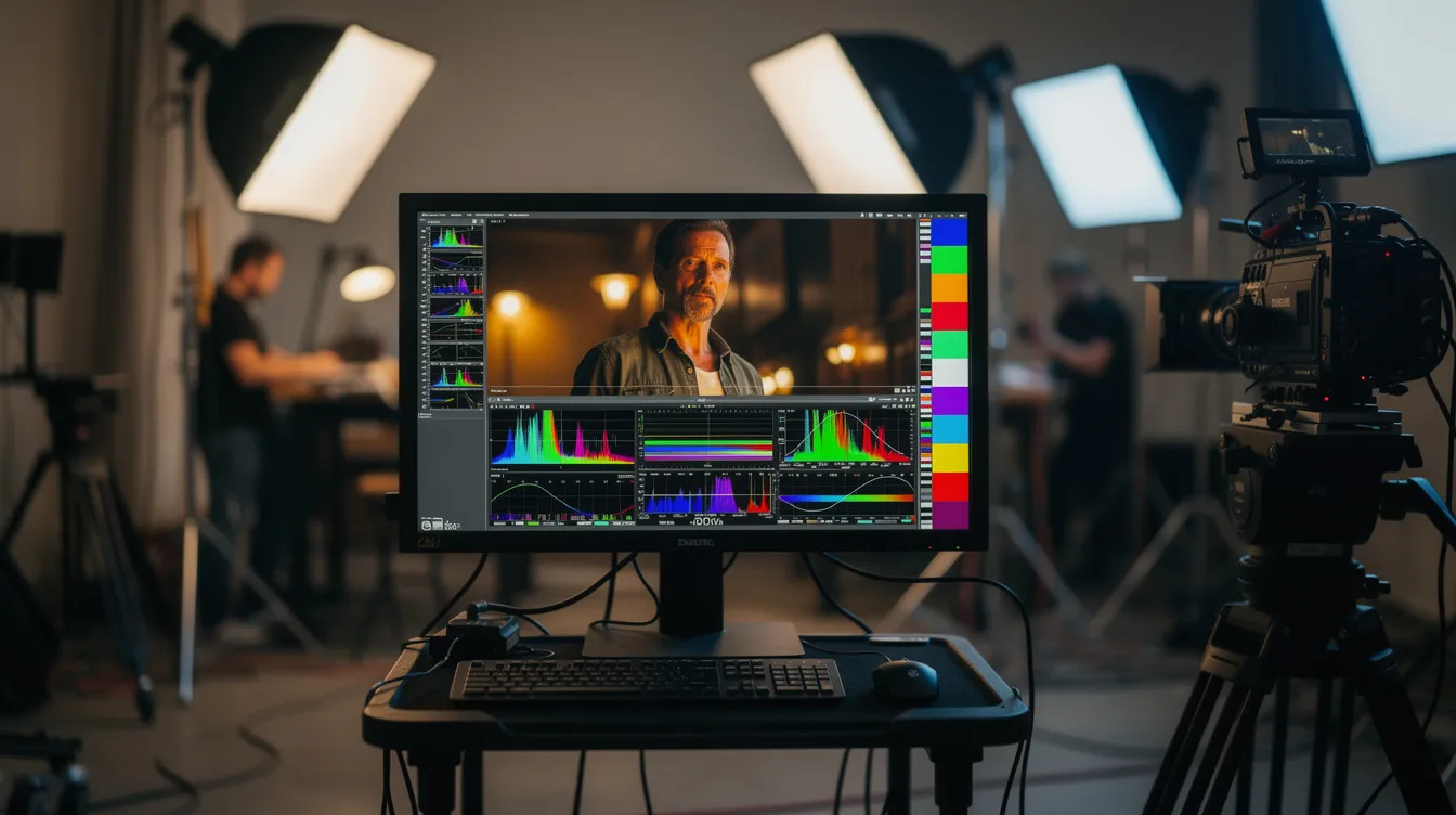 Ein farbkritischer Monitor auf einem Filmset zeigt ein Filmbild, das mit sichtbaren Wellenform-Overlays und Farbbalken versehen ist. Der Monitor ist ein wichtiges Werkzeug für den digitalen Imaging Technician (DIT) und unterstützt die Kameraabteilung bei der Überwachung der Bildqualität und Farbkorrektur während der Filmproduktion.