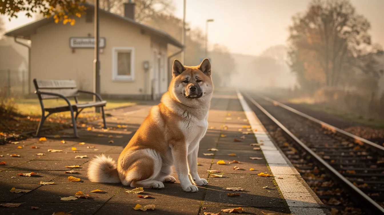 Ein ruhiger Akita-Hund mit dichtem Fell sitzt auf einem leeren Bahnsteig eines kleinen Bahnhofs, während das herbstliche Licht sanft auf ihn fällt. Diese Szene erinnert an die wunderbare Freundschaft zwischen Hachiko und seinem Besitzer, die in dem Film "Hachi: A Dog's Tale" erzählt wird.