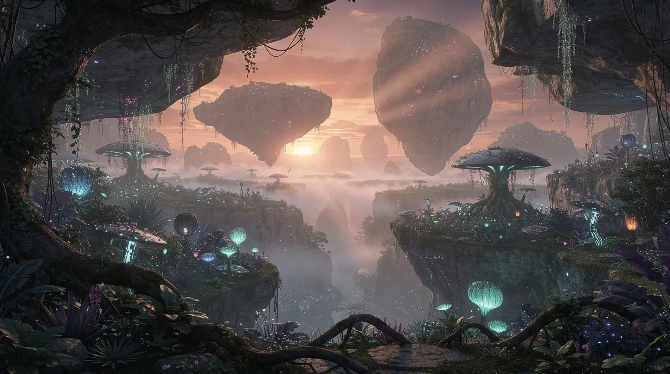 Die Bildbeschreibung zeigt eine fantastische Dschungellandschaft auf dem Planeten Pandora, mit schwebenden Felsformationen und biolumineszenten Pflanzen, während die Sonne hinter einer nebelverhangenen Schlucht untergeht. Diese Szenerie spiegelt die atemberaubende Schönheit und das Abenteuer wider, das in James Camerons Film "Avatar – Aufbruch nach Pandora" dargestellt wird.