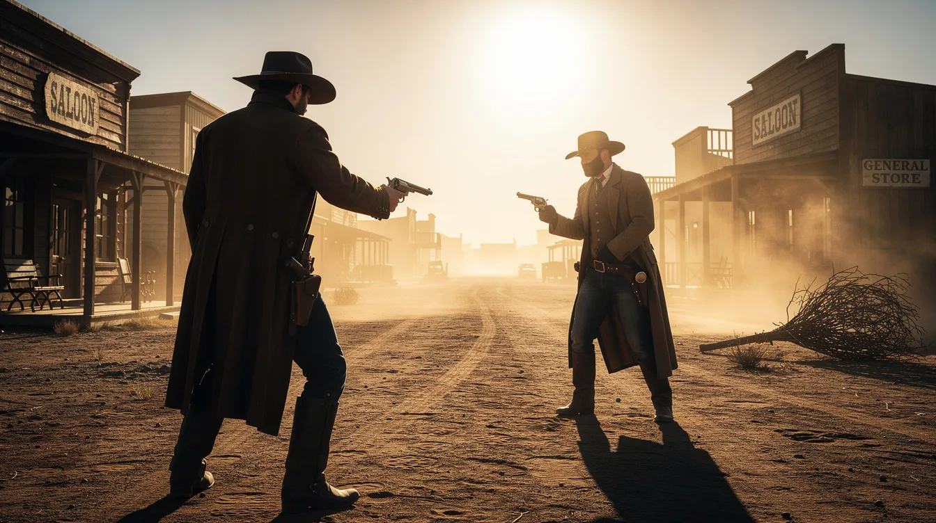 In einer staubigen Westernstadt stehen sich zwei Revolverhelden gegenüber, bereit für ein Duell, während dramatisches Gegenlicht die Szene beleuchtet. Diese Anspannung erinnert an die Geschichten aus Quentin Tarantinos "Django Unchained", wo Held und Antagonist in einem packenden Kampf um Freiheit und Gerechtigkeit aufeinandertreffen.