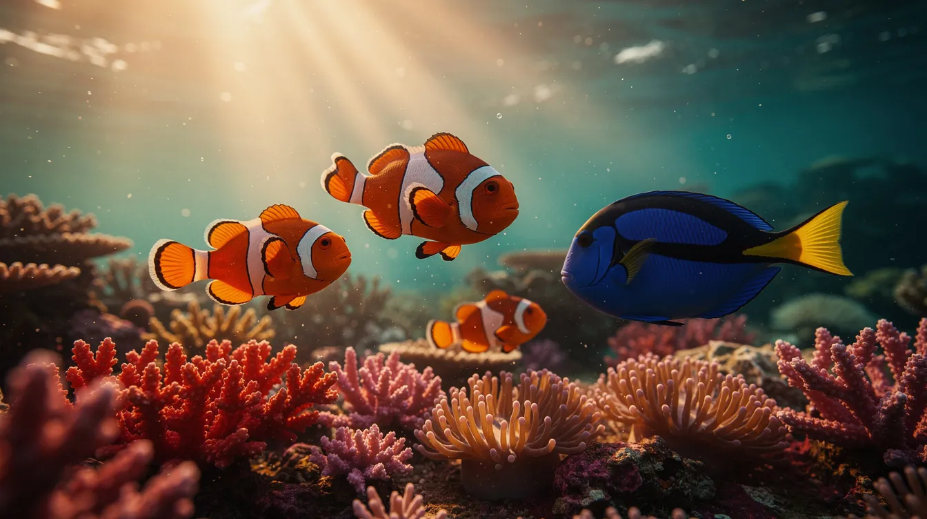 Drei bunte Clownfische und ein blauer Doktorfisch schwimmen harmonisch durch ein leuchtendes Korallenriff, während die warmen Farben des Sonnenuntergangs die Unterwasserwelt erhellen. Diese friedliche Szene erinnert an die Abenteuer von Marlin und Dory aus dem Animationsfilm "Findet Nemo".