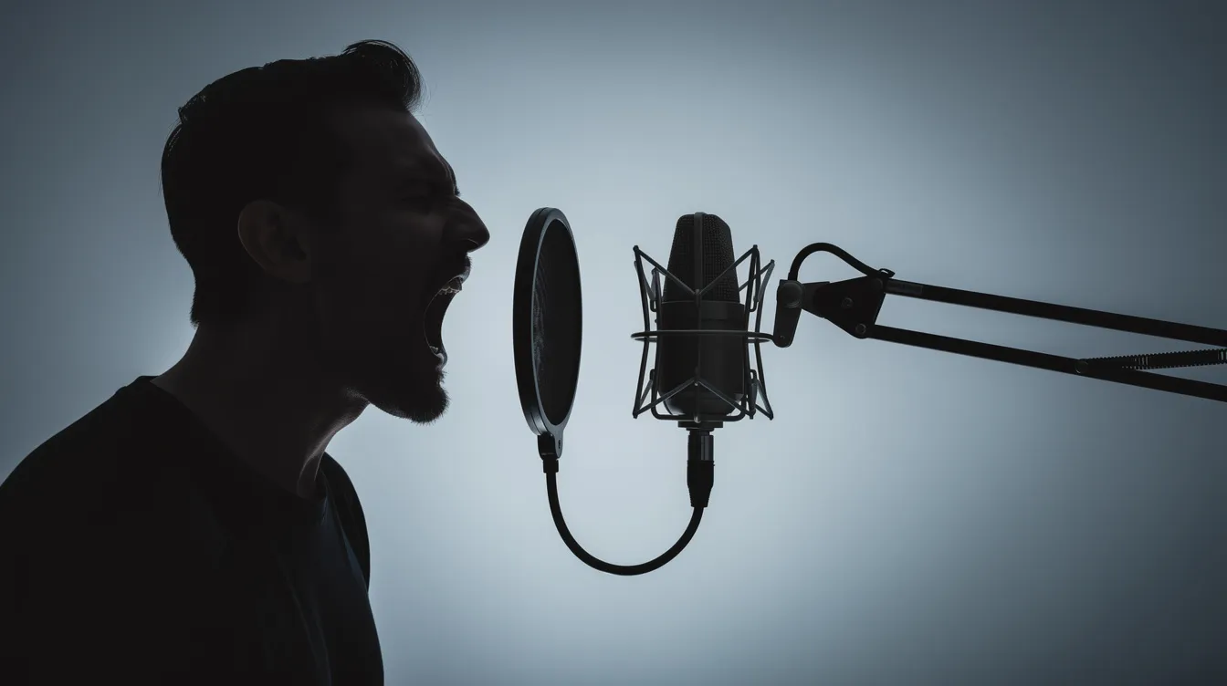 Die Silhouette eines Mannes, der voller Leidenschaft in ein Studiomikrofon brüllt, steht vor einem blau-grauen Hintergrund mit schwacher Studiobeleuchtung. Diese Szene erinnert an die ikonischen Momente aus dem Film, in dem Nachrichtensprecher Howard Beale mit seiner eindringlichen Botschaft die Zuschauer fesselt.