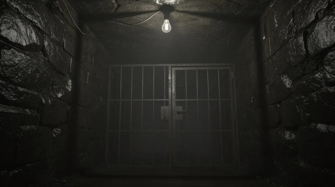 Ein düsterer Kellerraum ist zu sehen, in dem eine einzelne Glühbirne von der Decke hängt und harte Schatten auf die rauen Steinwände wirft. Im Hintergrund sind Gitterstäbe sichtbar, die an die Gefängnisatmosphäre aus "Das Schweigen der Lämmer" erinnern.