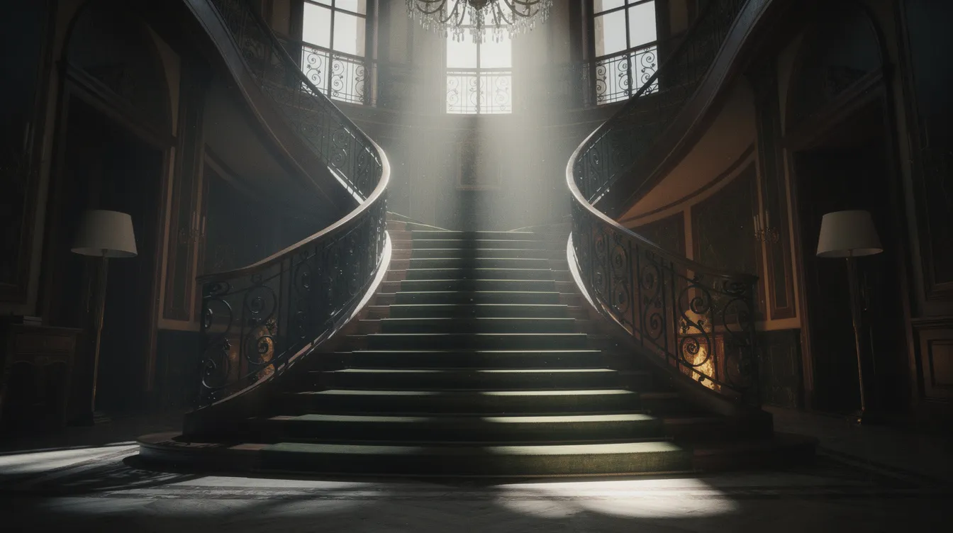 Die dramatische Filmszene spielt in einem eleganten Herrenhaus mit einem imposanten Treppenhaus, das von kontrastierender Beleuchtung sowohl von oben als auch unten erhellt wird. Diese Atmosphäre könnte an die besten Filme der 2010er erinnern, in denen Spannung und Emotionen eine zentrale Rolle spielen.
