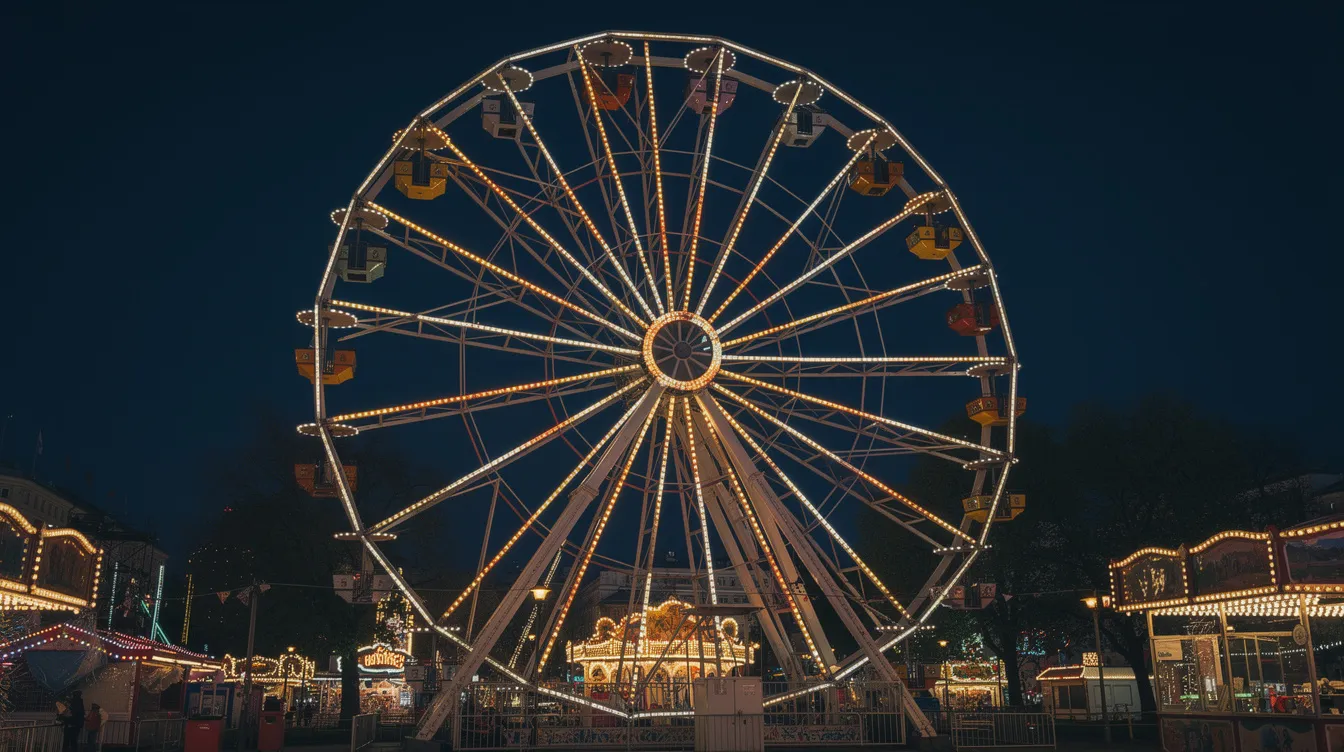 Das Riesenrad im Wiener Prater erstrahlt bei Nacht mit leuchtenden Gondeln und bunten Lichtern, die sich vor dem dunkelblauen Nachthimmel abheben. Diese Kulisse vermittelt ein Gefühl von Magie und Romantik, während die Stadt Wien im Hintergrund zur Ruhe kommt.