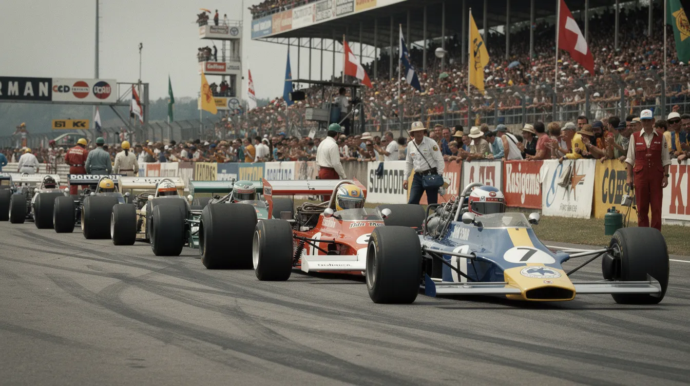 Auf dem Bild sind mehrere klassische Formel-1-Autos aus den 1970er Jahren auf der Startlinie zu sehen, bunt lackiert und bereit für das Rennen. Im Hintergrund füllt eine begeisterte Menschenmenge die Tribünen, während der Himmel leicht bewölkt ist, was die Atmosphäre des aufregenden Rennsports unterstreicht.