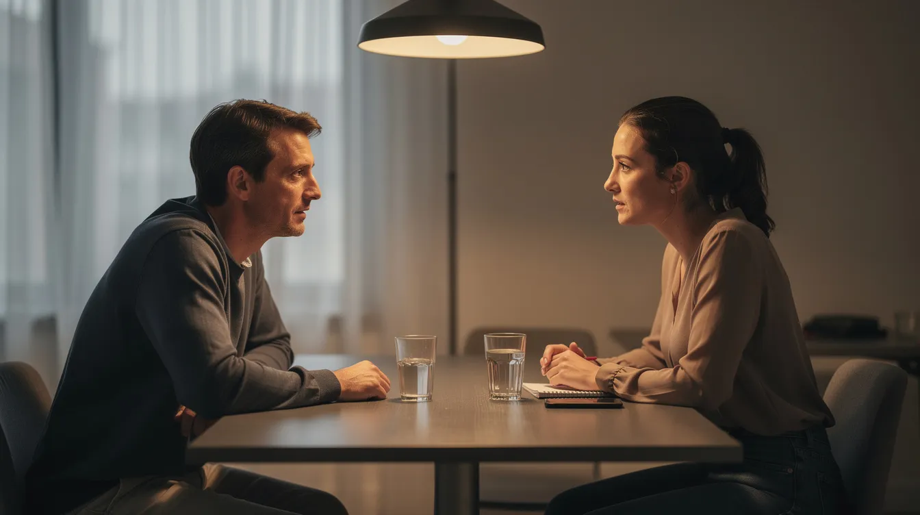 Die Filmaufnahme zeigt eine Dialogszene zwischen zwei Personen, die sich an einem Tisch gegenübersitzen, während die Kamera seitlich filmt. Diese Perspektive beachtet die 180-Grad-Regel, um die Blickrichtung und Position der Akteure klar zu halten und eine Desorientierung des Zuschauers zu vermeiden.