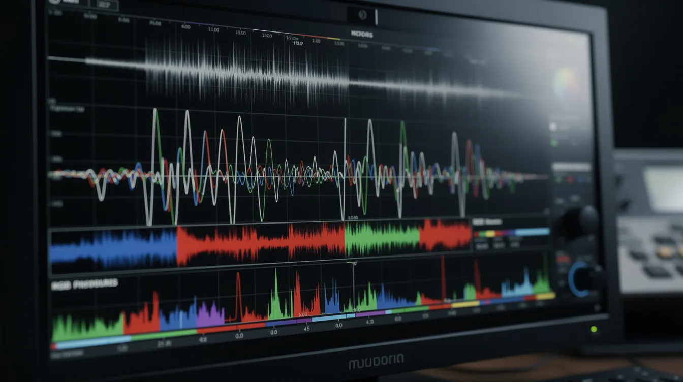 Die Nahaufnahme zeigt einen Waveform-Monitor, der die Belichtungswerte und Farbkanäle eines digitalen Filmbilds anzeigt. Dieser Monitor ist ein wichtiges Werkzeug für den Digital Imaging Technician (DIT) am Filmset, um die Bildqualität und Farbkorrektur während der Produktion zu überwachen.