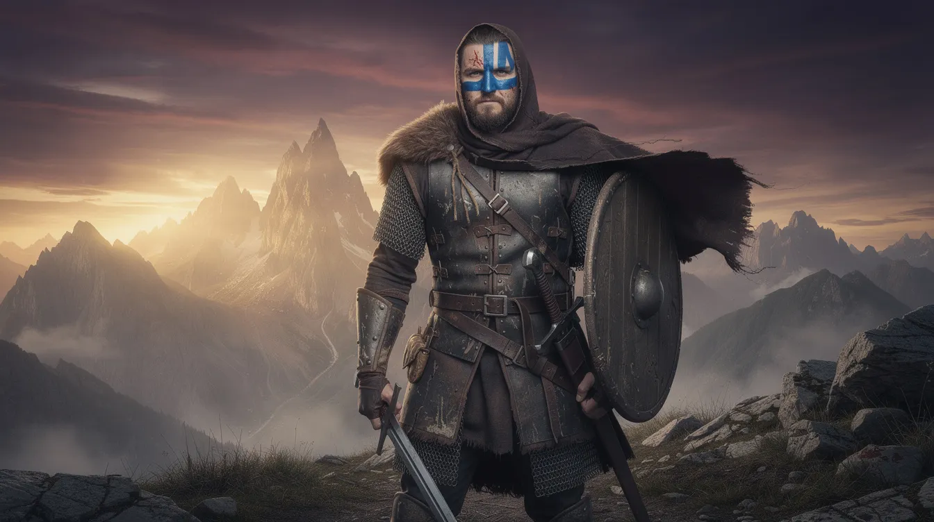 Ein mittelalterlicher Krieger mit blauer Gesichtsbemalung steht majestätisch vor einer dramatischen, bergigen Landschaft, während die Sonne am Horizont untergeht. Diese Szene erinnert an epische Filmszenen, die Freiheit und Kampfgeist thematisieren, wie sie in Geschichten über William Wallace und Robert the Bruce dargestellt werden.