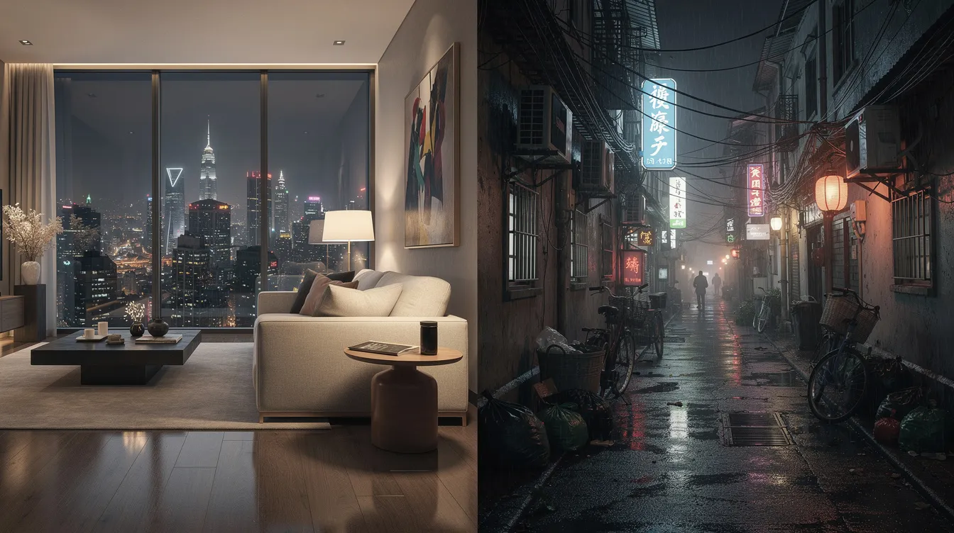 Die Bildbeschreibung zeigt eine kontrastierende Ansicht einer luxuriösen modernen Wohnung mit großen Fenstern, die einen weiten Ausblick auf die Stadt bietet, während im Vordergrund eine enge, dunkle Gasse in einer asiatischen Großstadt zu sehen ist. Diese Darstellung verdeutlicht die Gegensätze zwischen dem hohen Lebensstandard und den tiefen, oft schwierigen Lebensbedingungen in urbanen Räumen.