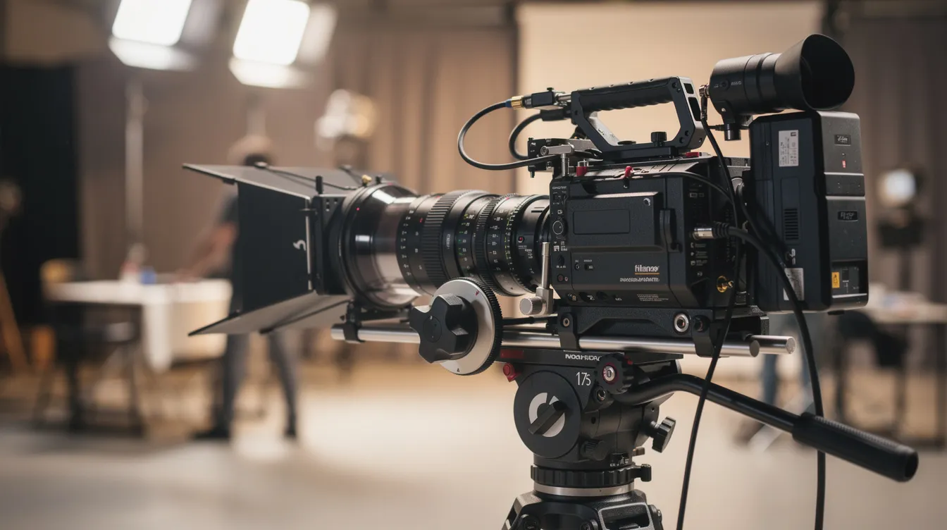 Die Nahaufnahme zeigt eine professionelle Filmkamera auf einem stabilen Stativ, während im Hintergrund ein unscharfes Filmset zu erkennen ist. Diese Szene vermittelt das Gefühl von Kreativität und der Kunst des Filmemachens, die in Werken wie "Good Will Hunting" von Matt Damon und Ben Affleck zum Ausdruck kommt.