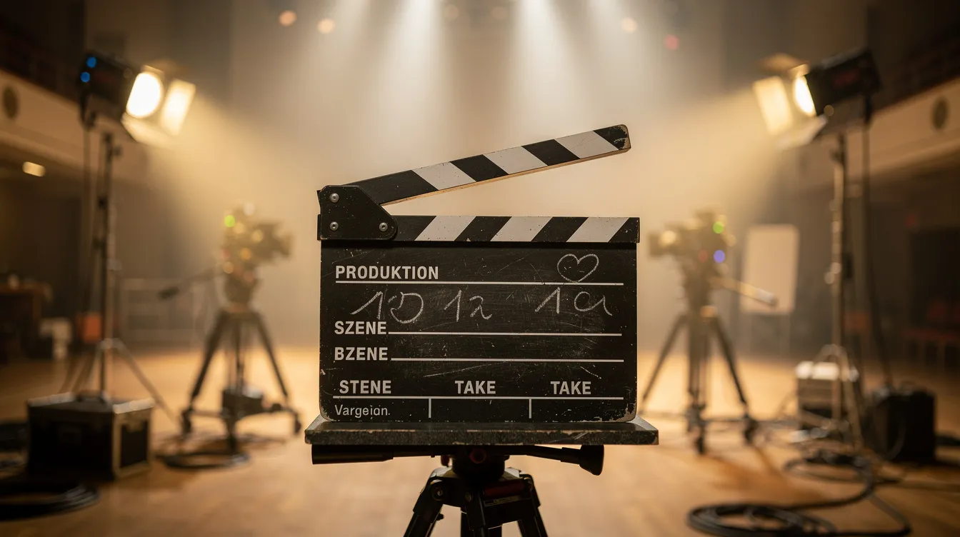 Die Regieklappe steht auf einem Filmset, umgeben von Scheinwerfern, während im unscharfen Hintergrund eine Studiokulisse zu sehen ist. Diese Szene könnte Teil eines Projekts sein, das als Pilot für eine neue TV-Serie oder einen Film dient.