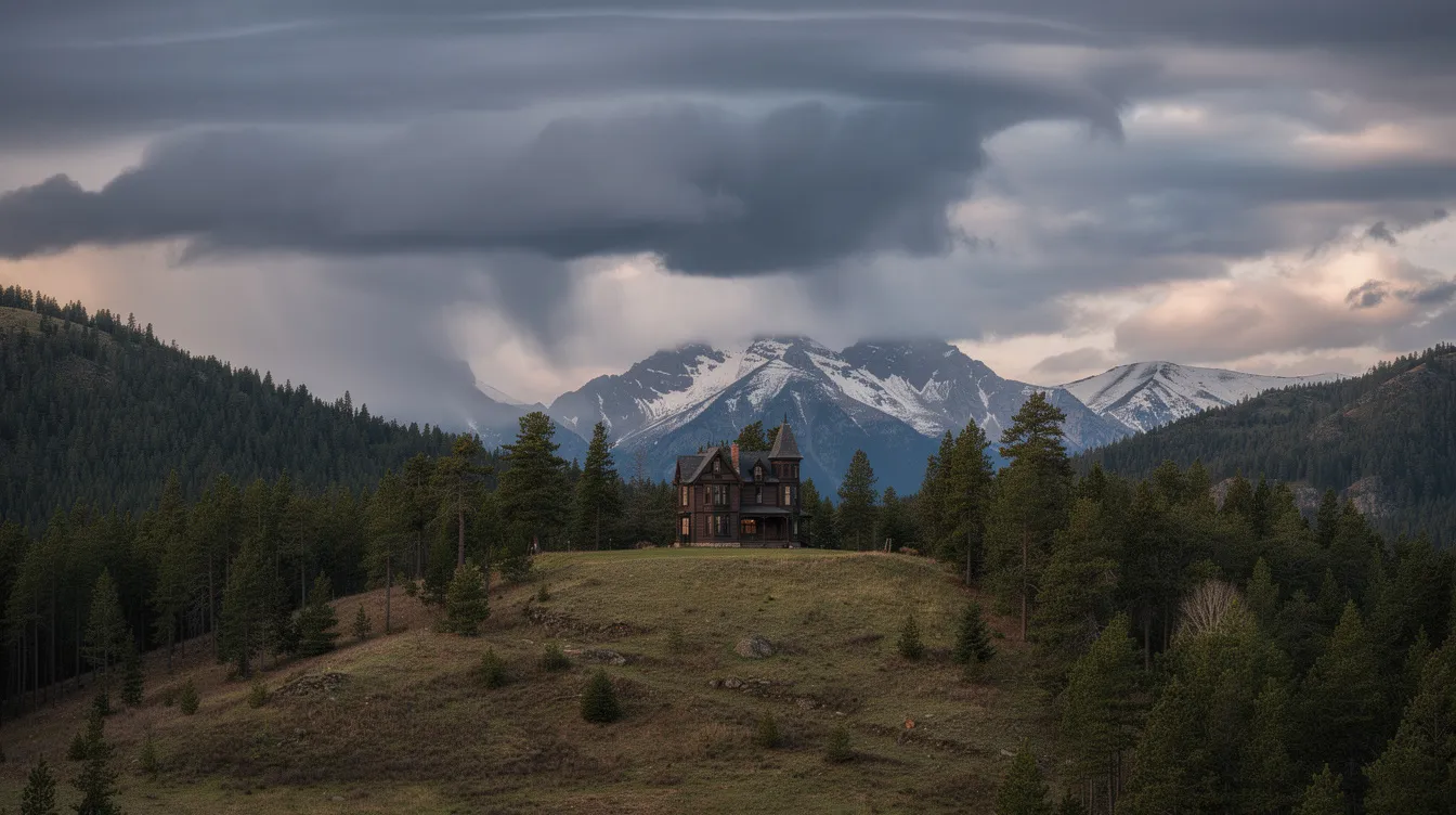 Eine beeindruckende Berglandschaft zeigt ein einzelnes viktorianisches Herrenhaus, das majestätisch auf einer Anhöhe thront, umgeben von dichten Kiefernwäldern. Der dramatische Himmel ist mit Gewitterwolken bedeckt, was der Szene eine mysteriöse und magische Atmosphäre verleiht, ähnlich den Meisterwerken von Christopher Nolan.