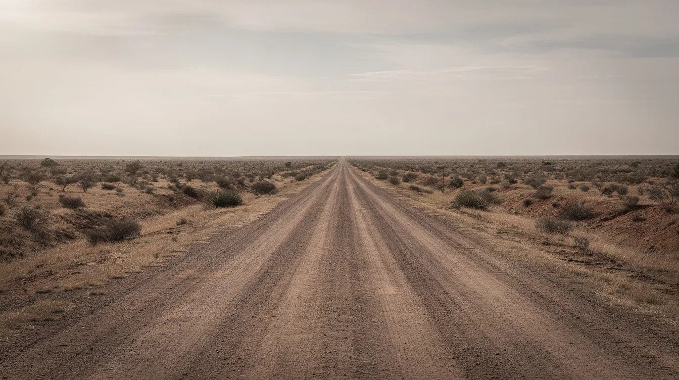 Eine leere, staubige Landstraße erstreckt sich durch eine flache, vegetationsarme Ebene bis zum Horizont, ohne dass Menschen zu sehen sind. Diese Szenerie erinnert an die düstere Atmosphäre des Films "No Country for Old Men", in dem die Weite der texanischen Prärie eine zentrale Rolle spielt.