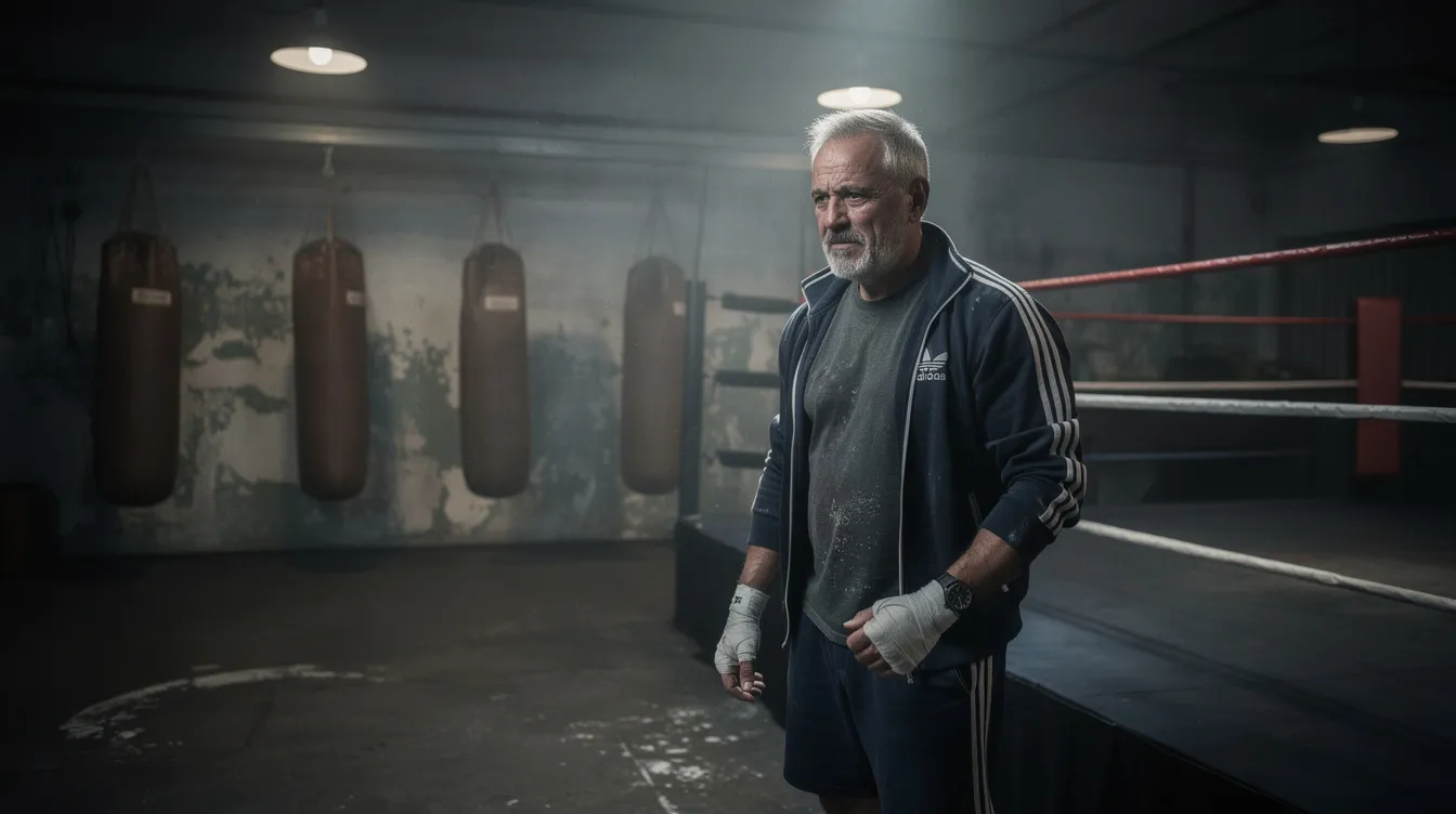 Ein älterer Boxtrainer steht neben einem Boxring in einem düster beleuchteten Fitnessstudio, umgeben von Boxsäcken, die eine raue Atmosphäre schaffen. Diese Szene erinnert an die inspirierende Geschichte von Maggie Fitzgerald und ihrem Trainer Frankie Dunn aus dem Film "Million Dollar Baby".