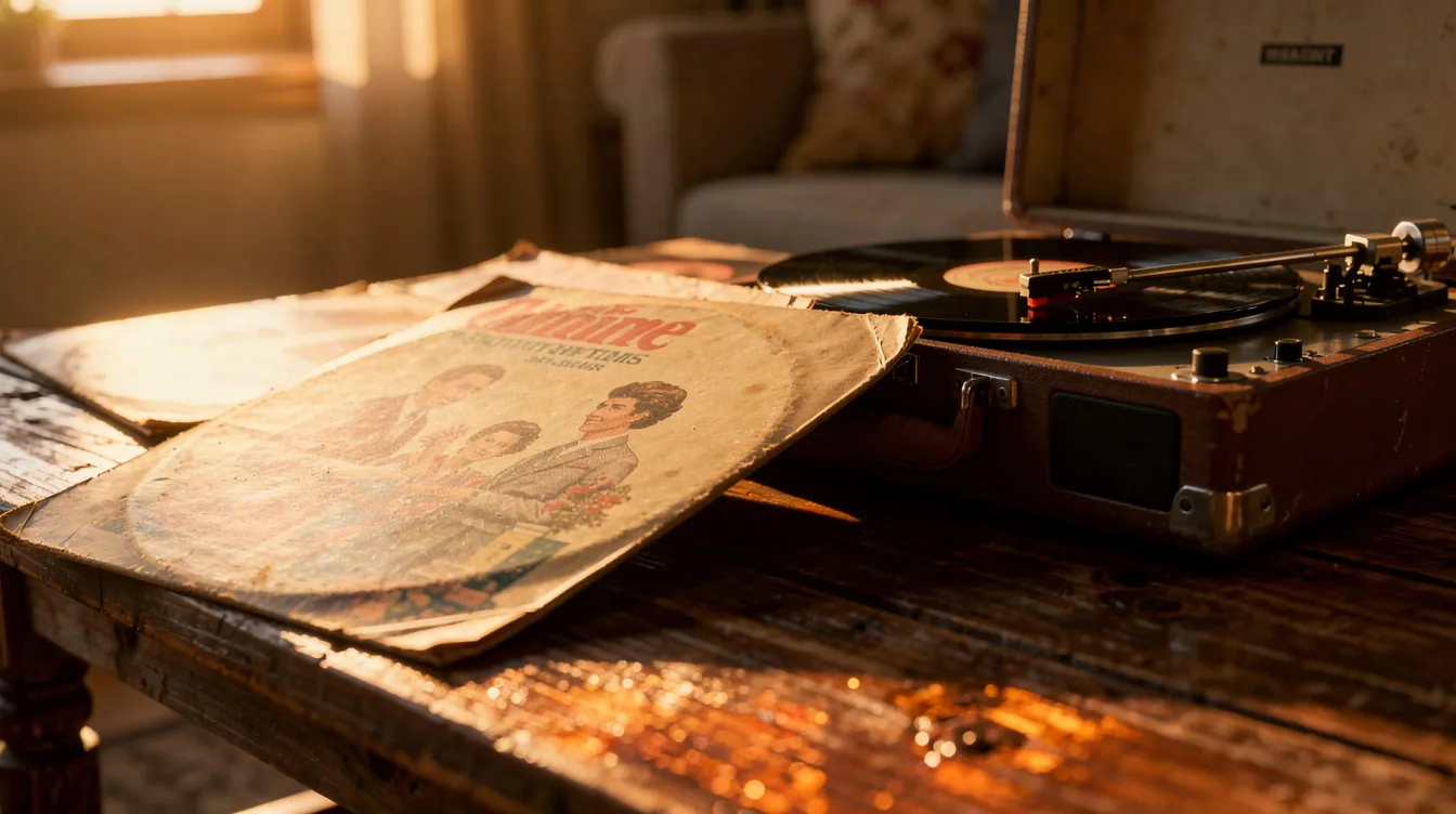 Auf einem Holztisch liegen mehrere Vintage-Schallplatten und ein alter Plattenspieler, der von warmem Licht beleuchtet wird. Die Szene vermittelt ein nostalgisches Gefühl, das an die Zeiten von „Bube Dame König Gras“ und klassischen Krimis erinnert.