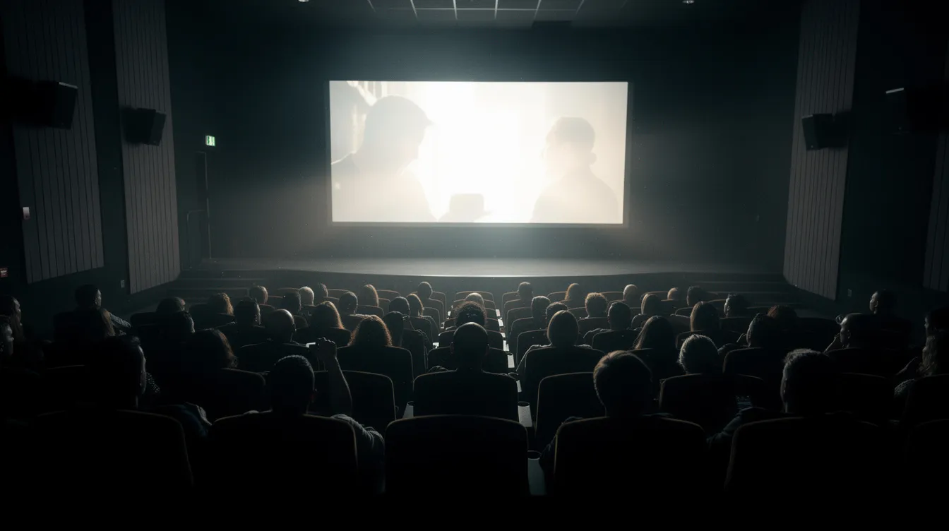 In einem dunklen Kinosaal sitzt das Publikum gebannt vor einer großen Leinwand, auf der ein Film läuft, der von Quentin Tarantino inszeniert wurde. Die atmosphärische Beleuchtung sorgt für eine spannende Stimmung, während die Zuschauer die Dialoge und die Handlung des Klassikers "Pulp Fiction" erleben.