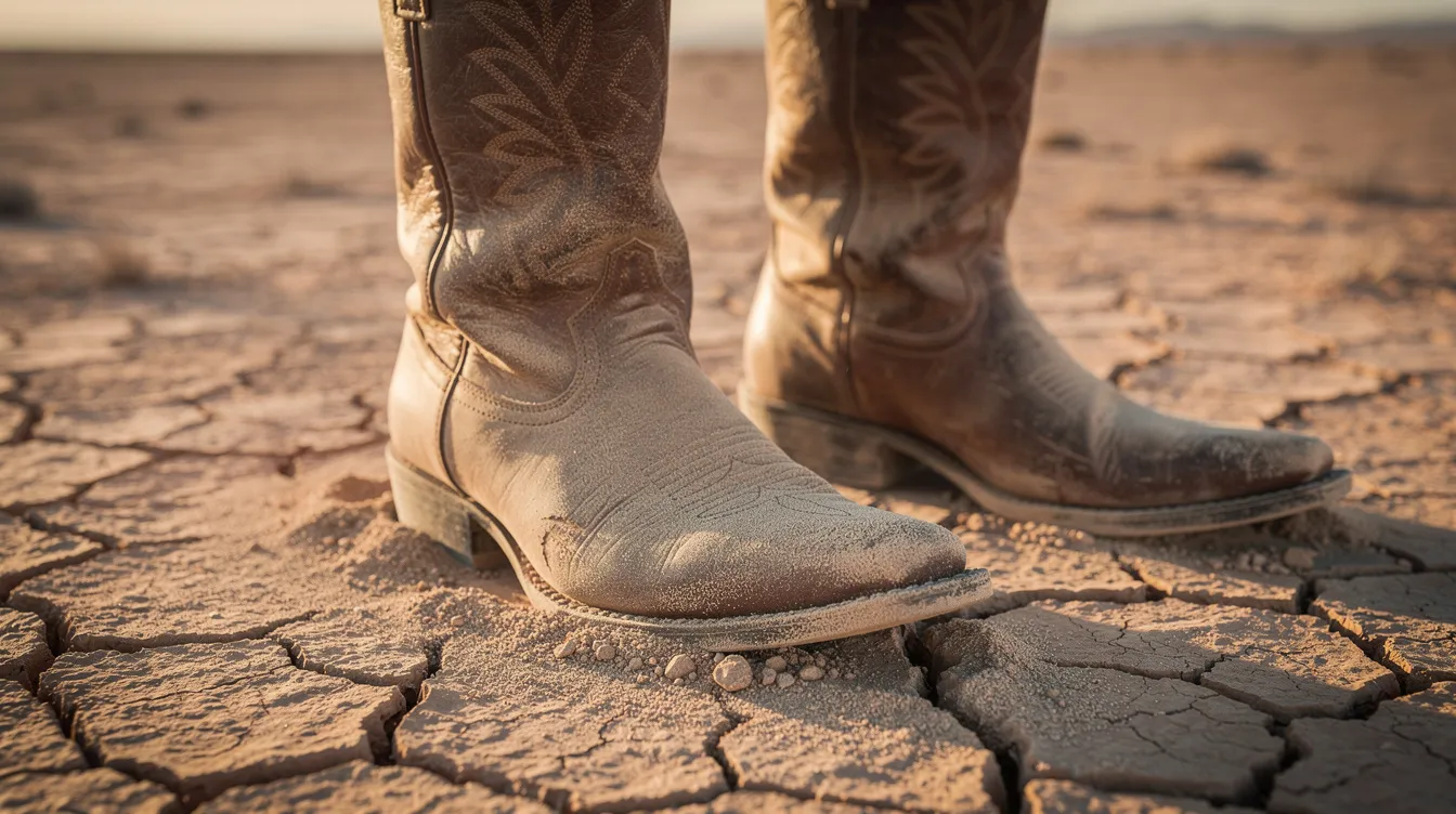 Abgenutzte, staubige Cowboystiefel liegen auf trockenem, rissigem Wüstenboden, der an die karge Landschaft erinnert, in der die Charaktere von "No Country for Old Men" agieren. Diese Szenerie spiegelt die trostlose Atmosphäre des Films wider, der von den Coen-Brüdern meisterhaft inszeniert wurde.