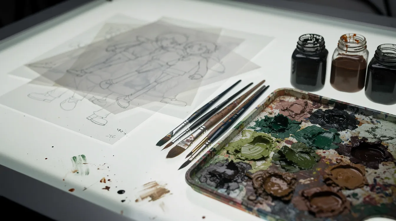 Die Nahaufnahme zeigt einen kreativen Arbeitsplatz mit Animationscels, feinen Pinseln und Tusche, sowie einer Farbpalette in verschiedenen Grün- und Brauntönen, die auf einem Leuchttisch angeordnet sind. Diese Szene könnte die Vorbereitungen für eine Animation im Studio Ghibli, möglicherweise inspiriert von „Prinzessin Mononoke“, darstellen.