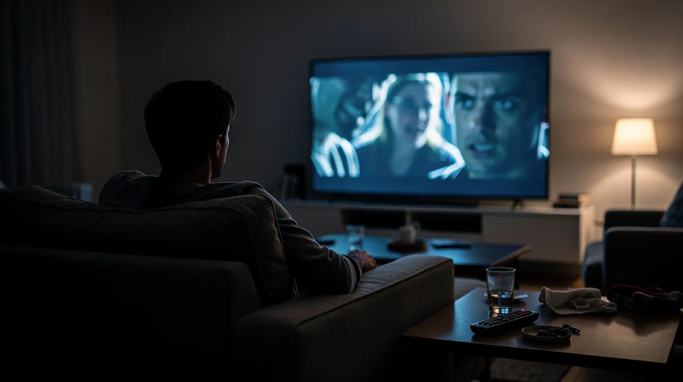 Das Bild zeigt ein abgedunkeltes Wohnzimmer, in dem ein leuchtender Fernseher eine dramatische Szene aus einer Zombie-Serie zeigt. Vor dem Fernseher sitzt eine Person auf der Couch und ist gebannt von der Handlung, die möglicherweise einen Cliffhanger aus dem Midseason-Finale präsentiert.
