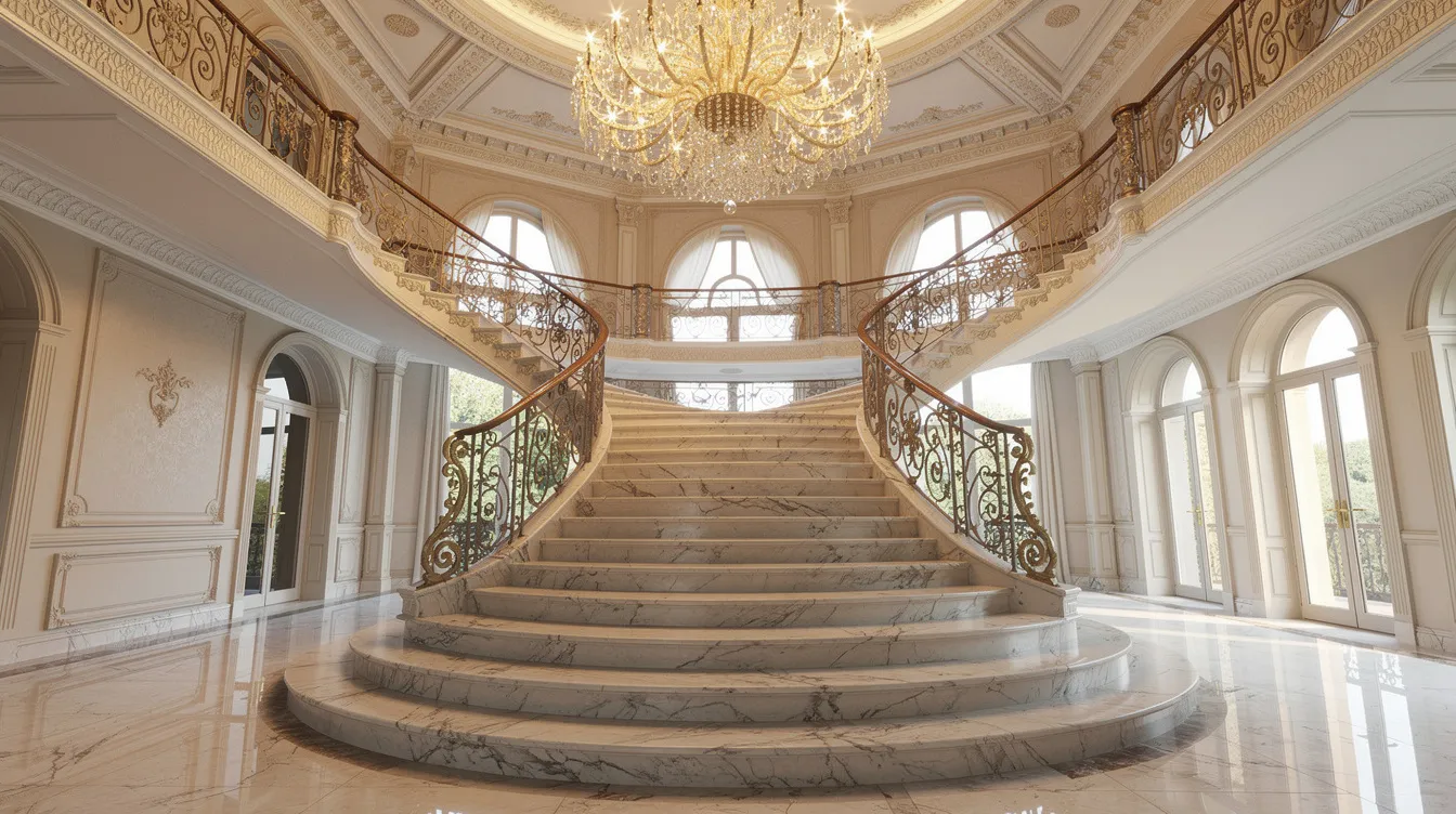 Die weitläufige geschwungene Marmortreppe in einer prunkvollen Villa wird von einem imposanten Kronleuchter beleuchtet und führt zu einer hohen Decke, die den luxuriösen Stil der 1980er Jahre widerspiegelt. Diese Szenerie könnte leicht aus einem Film wie "Scarface" stammen, in dem Macht und Gier zentrale Themen sind.