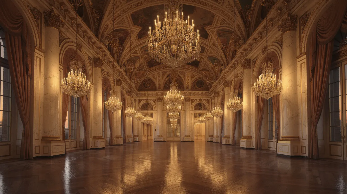 Der prunkvolle Ballsaal im Stil des 18. Jahrhunderts ist mit eleganten Kronleuchtern, beeindruckenden Marmorsäulen und einem glänzenden Parkettboden ausgestattet, der eine Atmosphäre von Reichtum und Kunst ausstrahlt, die an die Zeit von Joseph II. erinnert. In diesem Raum könnten sich die Figuren von Mozart und Salieri treffen, um über Musik und das Leben am Hof zu diskutieren.