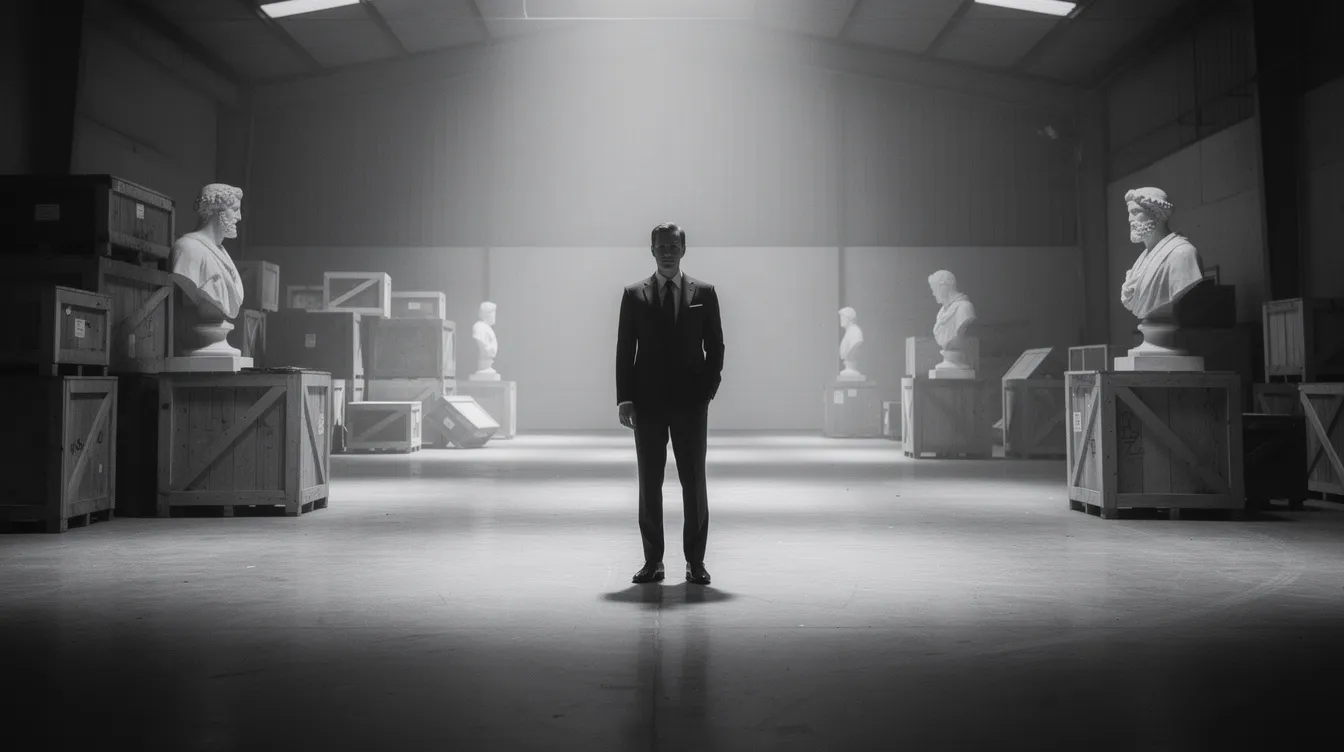 Das Schwarz-Weiß-Bild zeigt einen Mann in einem dunklen Anzug, der allein in einem riesigen, spärlich beleuchteten Raum steht, umgeben von Kisten und Statuen, was an die melancholische Atmosphäre von "Citizen Kane" erinnert. Die Szene vermittelt ein Gefühl der Einsamkeit und des Erfolgs, während der Mann in der Rolle eines Medienmoguls an seine Vergangenheit denkt.