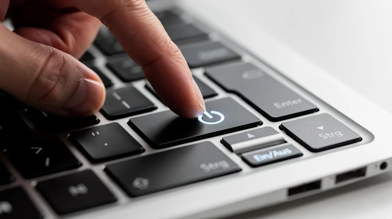 Eine Nahaufnahme einer Hand, die den Einschaltknopf eines Laptops drückt, zeigt den Moment des Neustarts des Systems. Die Hand ist deutlich sichtbar und hebt sich vor dem Bildschirm des Computers ab, während der Laptop bereit ist, seine Inhalte zu laden.