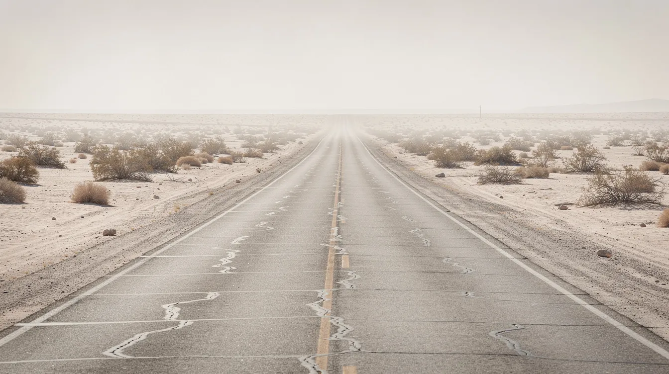 Eine weite, staubige Wüstenlandschaft mit karger Vegetation erstreckt sich unter einem ausgebleichten Himmel, während ein leerer Highway zum Horizont führt. Diese Szene erinnert an die düstere Atmosphäre des Films "No Country for Old Men", in dem die Weite der texanischen Prärie eine zentrale Rolle spielt.