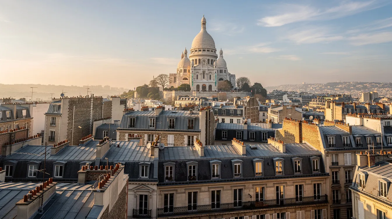 Ein Panoramablick zeigt die beeindruckende weiße Basilika Sacré-Cœur auf dem Hügel von Montmartre, umgeben von den typischen Dächern von Paris, während goldenes Nachmittagslicht die Szene erhellt. Diese Atmosphäre erinnert an die fabelhafte Welt der Amélie, in der das Leben voller magischer Momente und Details steckt.