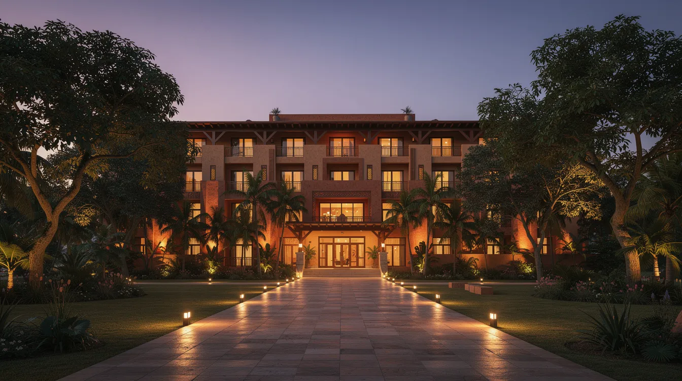 Das Bild zeigt ein afrikanisches Hotelgebäude in der Abenddämmerung, umgeben von tropischen Bäumen und warmen Lichtern, das an die Atmosphäre des Films "Hotel Ruanda" erinnert. Die sanften Lichter des Hotels schaffen eine einladende Stimmung, während die umgebende Natur eine friedliche Kulisse bietet.