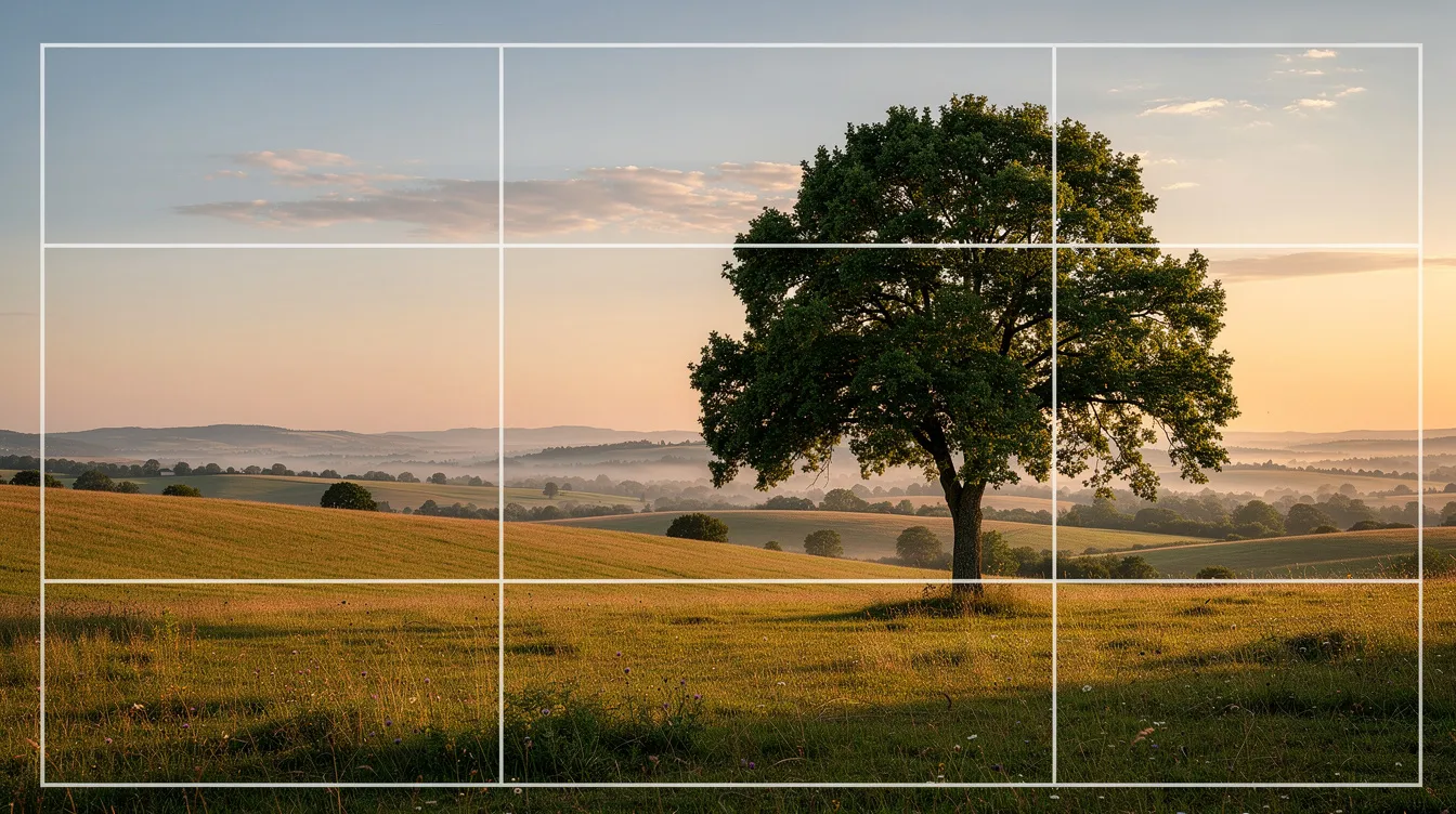 Das Landschaftsfoto zeigt einen einzelnen Baum, der am rechten Schnittpunkt der Drittelregel-Linien platziert ist. Die Komposition betont die Weite der Umgebung und die harmonische Verbindung von Natur und fototechnischer Gestaltung.