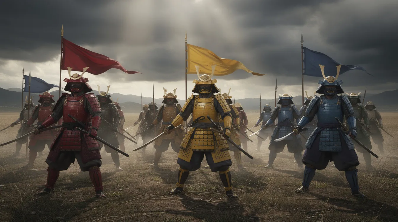 Drei Gruppen von Samurai-Kriegern in leuchtenden Rüstungsfarben – rot, gelb und blau – stehen entschlossen auf einem weiten Schlachtfeld, während ein dramatischer Himmel über ihnen hängt. Diese Szene erinnert an die epischen Schlachten in Akira Kurosawas Film "Ran", der die Intrigen und Machtkämpfe im Japan des 16. Jahrhunderts thematisiert.