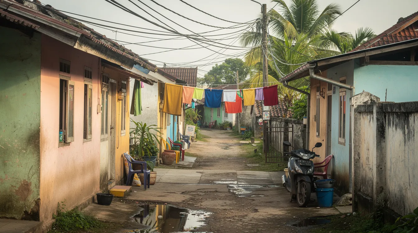 Die enge Gasse zwischen niedrigen Häusern zeigt Wäscheleinen und Stromkabel, die typisch für die Favelas in Rio de Janeiro sind. Diese Szene vermittelt das alltägliche Leben in der Cidade de Deus, einem Viertel, das oft in Filmen wie "Stadt Gottes" thematisiert wird.