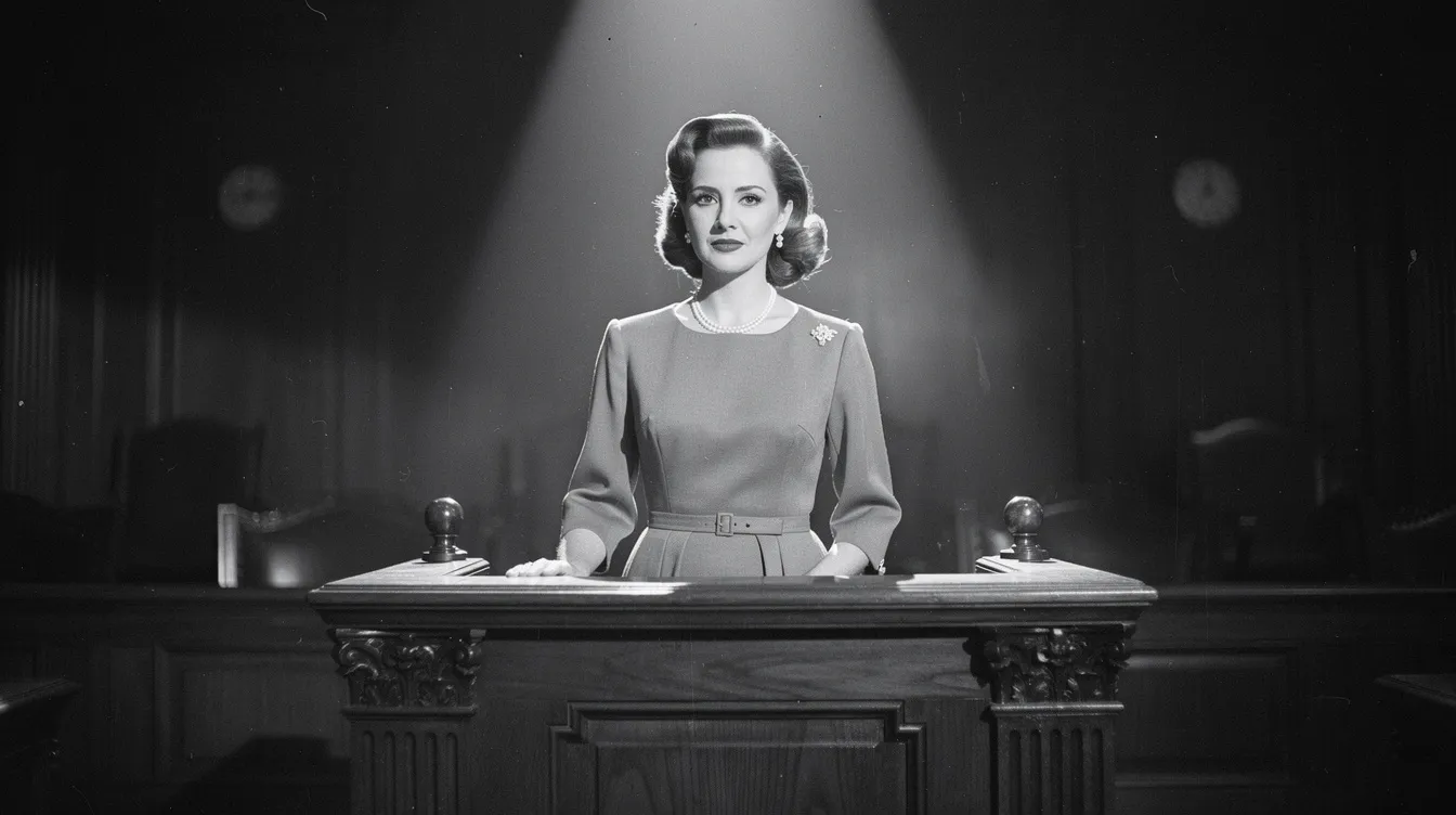 Eine elegante Frau im Stil der 1950er Jahre steht aufrecht in einem hölzernen Zeugenstand, beleuchtet von einem einzelnen Lichtstrahl, während sie als Zeugin im Gerichtssaal agiert. Die Schwarzweißfotografie vermittelt eine dramatische Atmosphäre, die an klassische Filme wie "Witness for the Prosecution" erinnert.