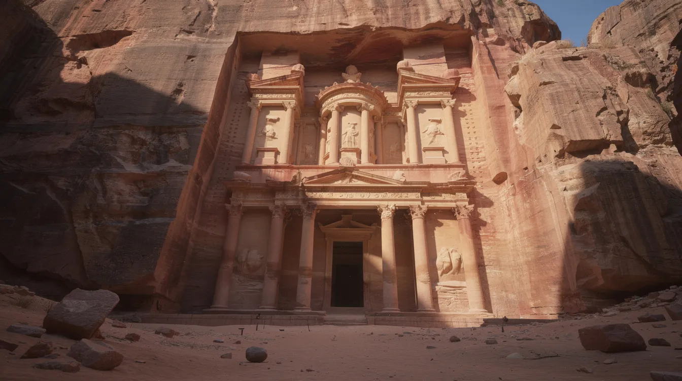 Die antike Felsfassade eines in den Stein gehauenen Tempels, umgeben von einer majestätischen Wüstenschlucht, erweckt Erinnerungen an die Abenteuer von Indiana Jones und der letzte Kreuzzug. Bei Tageslicht strahlt die beeindruckende Architektur eine geheimnisvolle Aura aus, die an die Suche nach dem Heiligen Gral erinnert.