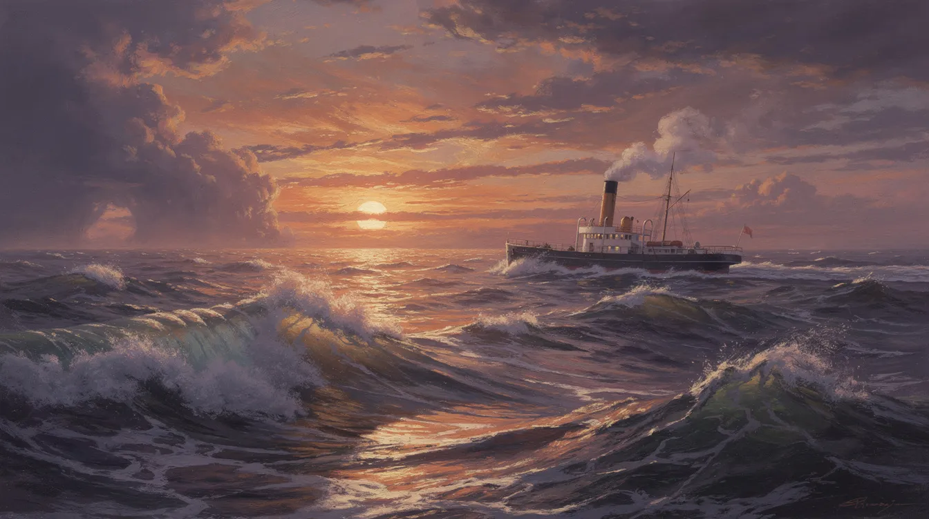 Ein dramatischer Blick über ein stürmisches Meer bei Sonnenuntergang, wo ein Dampfschiff durch die hohen Wellen fährt. Der Himmel erstrahlt in surrealen Orange- und Violetttönen, die eine eindrucksvolle Kulisse für dieses beeindruckende Schauspiel der Natur bilden.
