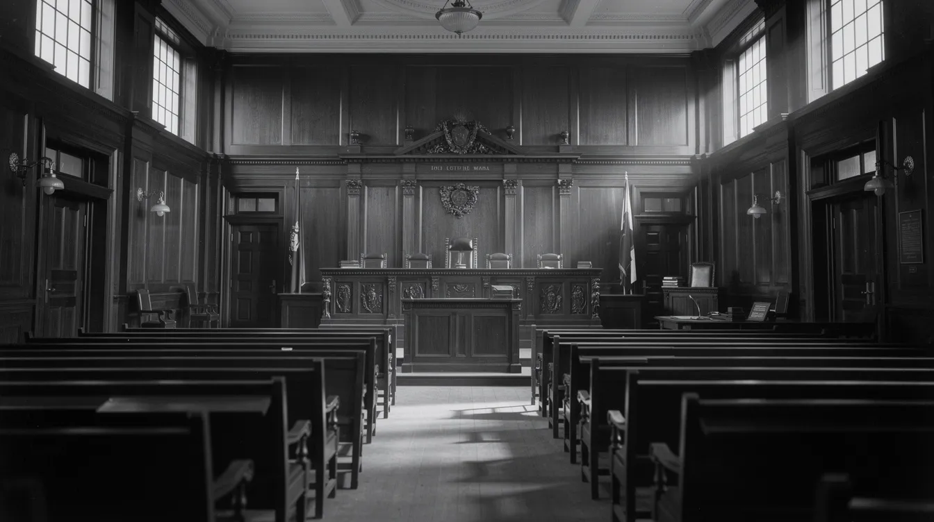Die Schwarz-Weiß-Aufnahme zeigt einen großen Gerichtssaal im Stil der 1940er Jahre mit eleganter Holzvertäfelung, einem erhöhten Richtertisch und Zuschauerbänken, die an die historischen Nürnberger Prozesse erinnern. Diese Kulisse vermittelt das Gefühl von Justiz und der Aufarbeitung von Verbrechen aus dem Dritten Reich, wie sie im Film "Das Urteil von Nürnberg" thematisiert werden.