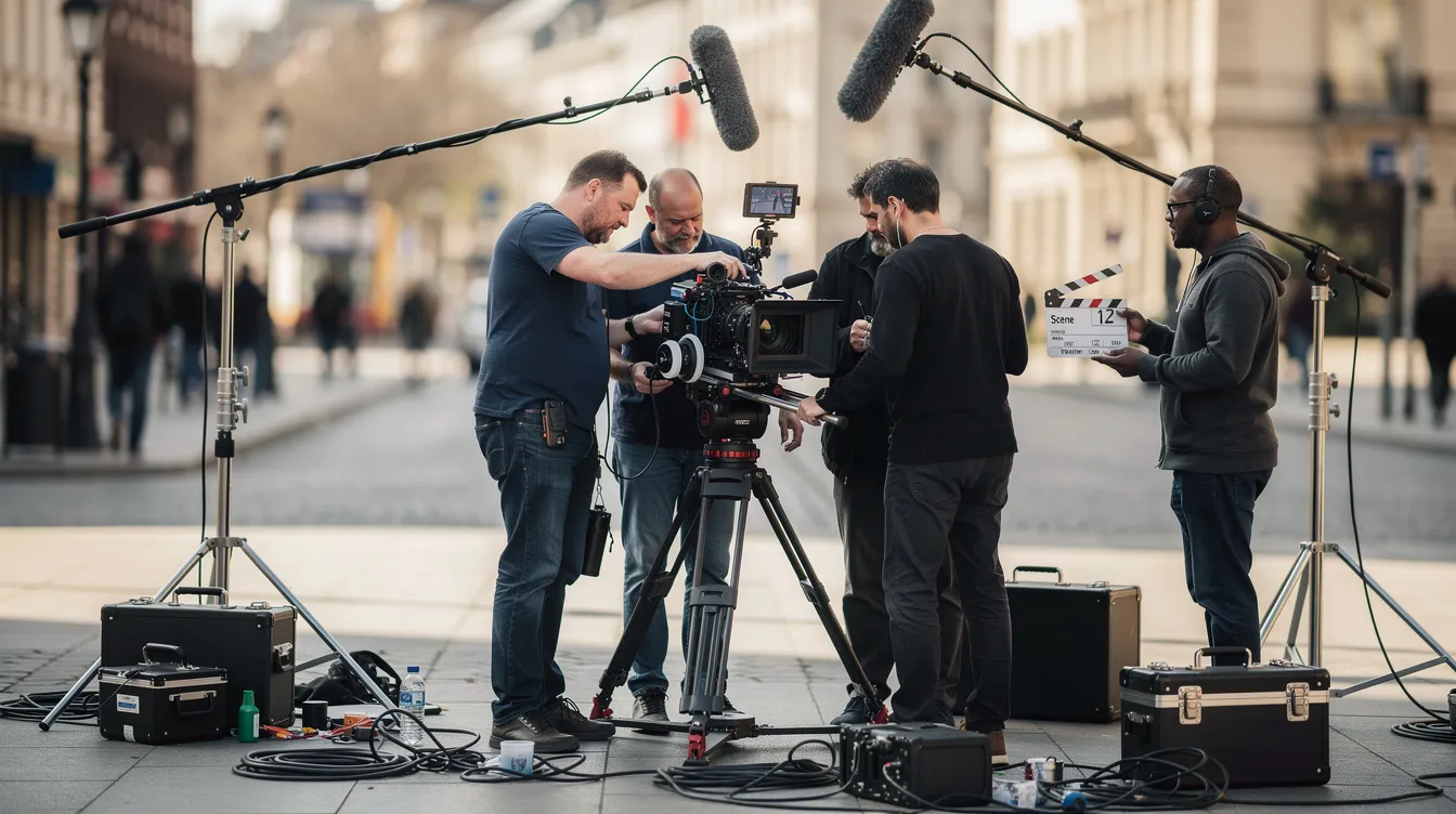 Eine Filmcrew ist am Set und richtet eine große Filmkamera in einer Außenlocation ein. Mehrere Personen arbeiten zusammen, um das Kameraequipment für die Aufnahmen vorzubereiten, während die Atmosphäre kreativ und geschäftig ist.