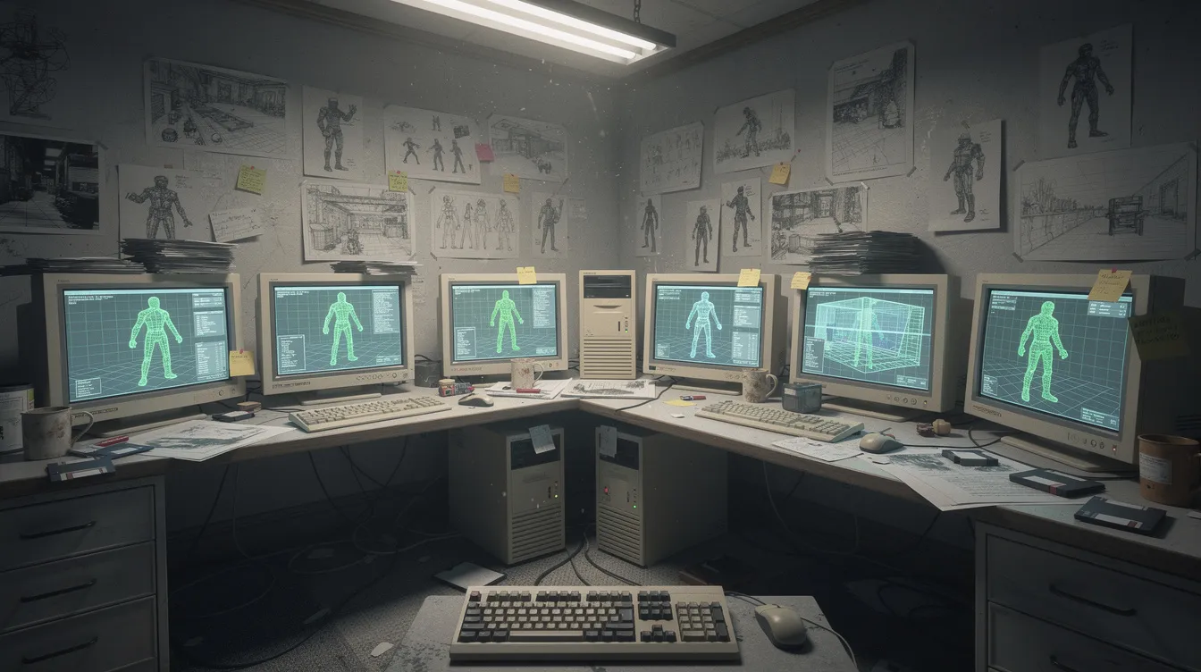 Das Bild zeigt einen Computerarbeitsplatz aus den 1990er Jahren mit röhrenförmigen CRT-Monitoren, die Drahtgitter-3D-Charaktermodelle anzeigen. Die düster beleuchtete Büroumgebung ist mit Papierstapeln und Skizzen auf den Schreibtischen ausgestattet, die an das kreative Chaos eines Filmproduktionsprozesses erinnern.
