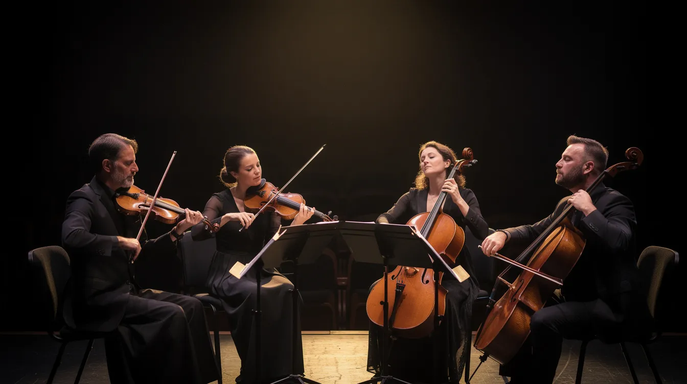 Ein Streichquartett spielt in einem dunklen Konzertsaal, die Musiker sind konzentriert und von dramatischer Beleuchtung umgeben, was eine intensive Atmosphäre schafft. Die Gesichter der Künstler spiegeln die Emotionen und die Tiefe der Musik wider, die an die Themen von "Requiem for a Dream" erinnern.