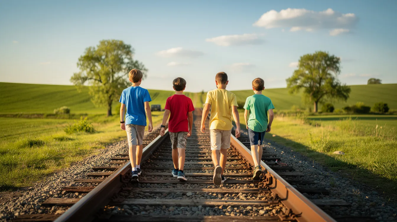 Vier Jungen laufen im Sommer fröhlich auf Eisenbahnschienen durch eine weite, grüne Landschaft, umgeben von Bäumen und einem strahlend blauen Himmel. Diese Szene erinnert an die Coming-of-Age-Geschichte "Stand by Me", die von Freundschaft und Abenteuern in der Kindheit handelt.